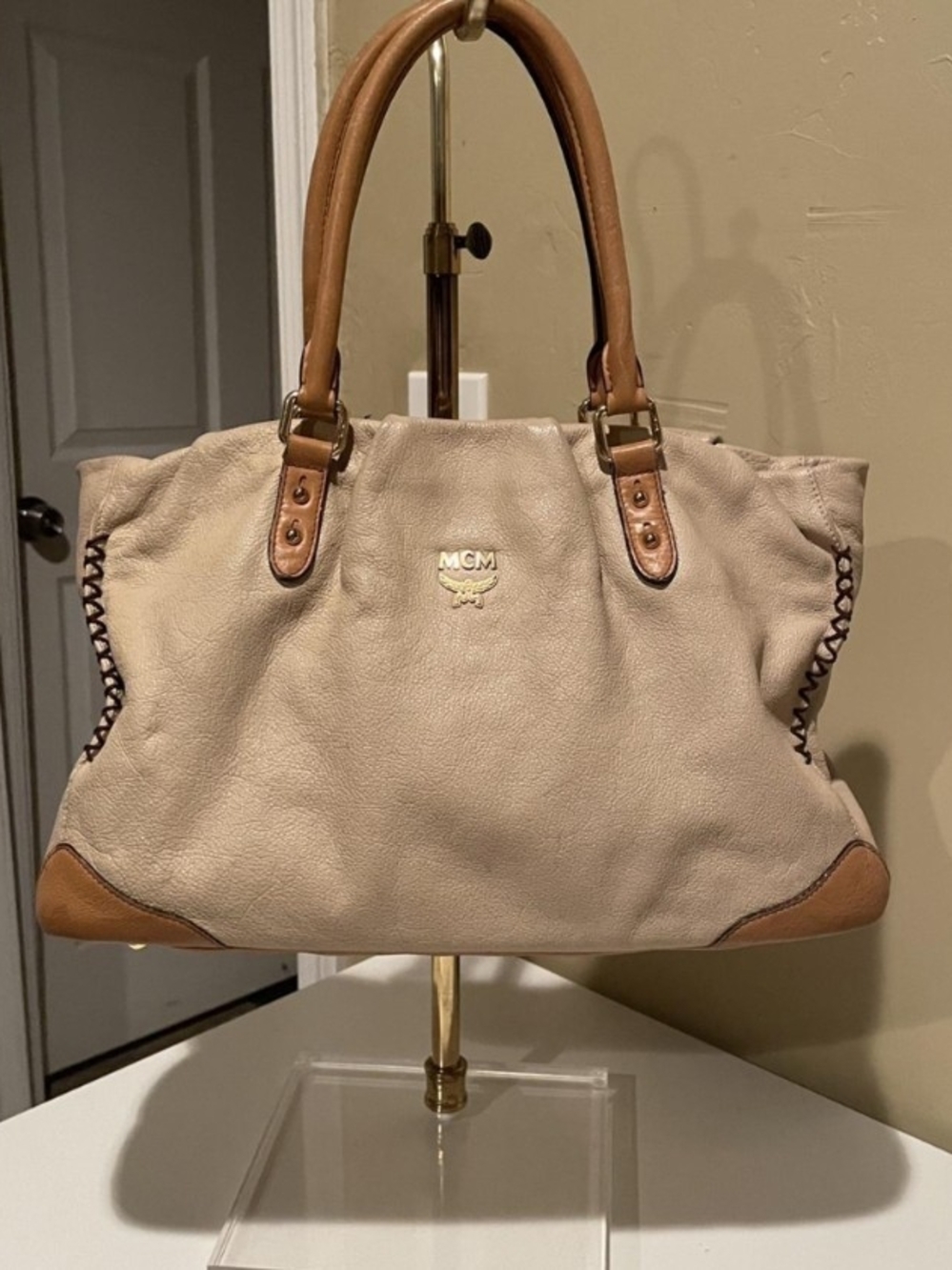 Vintage MCM Leather Tote Bag Authentic Monogram Lined Designer Shoulder Bag